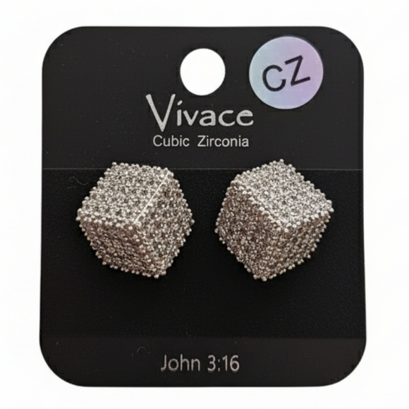 Sparkling Silver Square Cube Stud 3D Cubic Zirconia Crystal Earrings - Picture 1 of 4